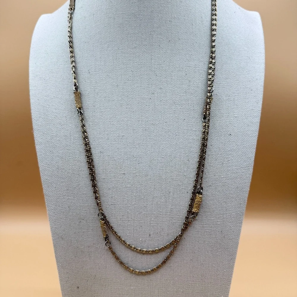 Two Tone Silver & Gold Tone Double Strand Byzantine Chain Necklace Statement